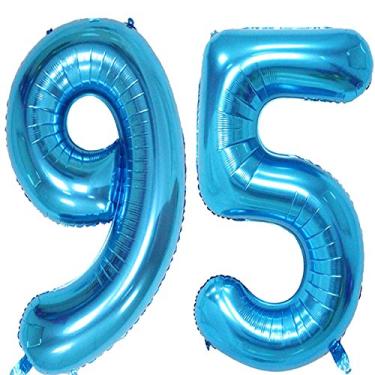 Imagem de MAGJUCHE Balões de número digital jumbo hélio 95 de folha azul de 101,6 cm, soprados com hélio, decoração de suprimentos de festa de aniversário de 95 anos para mulheres ou homens