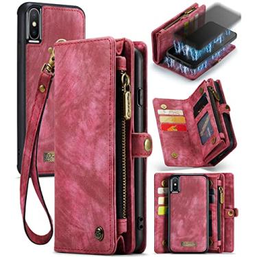 Imagem de ZORSOME Capa carteira para iPhone Xs Max, 2 em 1 destacável couro premium PU com 8 compartimentos para cartões, bolsa magnética com zíper, alça de pulso para mulheres, homens e meninas, vermelha