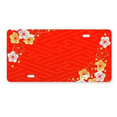 Imagem de DIYthinker Placa de carro japonesa com padrão Sakura vermelho dourado acessório de aço inoxidável