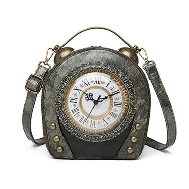Imagem de Real Working Clock Bolsa de mão estilo Steampunk Antigo Bolsa de ombro PU Messenger, Cinza, 6.3in x 7.9in x 3.4in