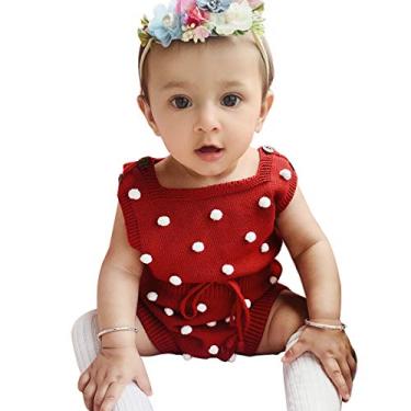 Imagem de Simplee Macacão infantil para bebês meninas sem mangas com pompons, A-red, 3-6 Months