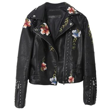 Imagem de Rock88 Jaqueta de couro PU casaco rebite bordado moto motociclista streetwear sobretudo feminino primavera outono roupas com estampa floral, preto, GG (busto: 106 cm)