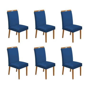 Imagem de Kit 6 Cadeiras de Jantar Madeira Maciça Cerejeira Premium Heloísa Veludo Azul 