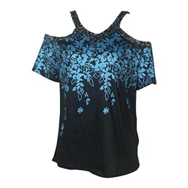 Imagem de Kasituny Camisetas femininas blusa estampa floral ombro cigano verão estampa floral recorte camiseta streetwear, Azul, Large, Macia