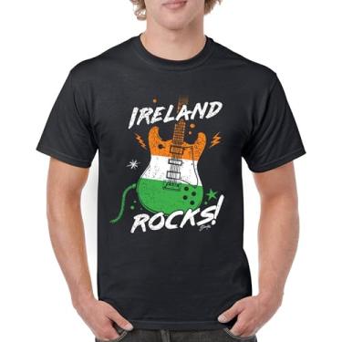 Imagem de Camiseta masculina Ireland Rocks Guitar Flag St Patrick's Day Shamrock Groove Vibe Pub Celtic Rock and Roll Clove, Preto, XXG