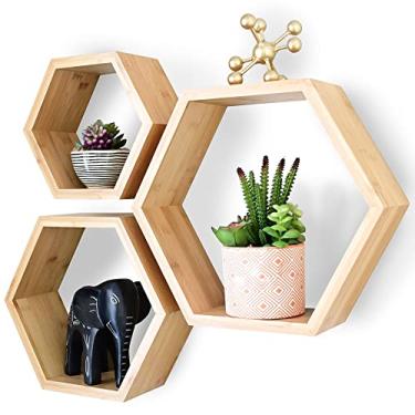 Imagem de Prateleiras flutuantes hexagonais de bambu para decoração de parede - Conjunto de 3 - Prateleiras de favo de mel ecológicas para decoração de quarto de prateleira hexagonal montada na parede com