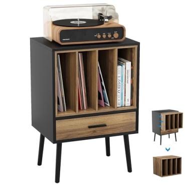 Imagem de Semiocthome Suporte para toca-discos com caixa de armazenamento de vinil, mesa de toca-discos com gaveta e pernas de madeira maciça, mesa lateral para toca-discos para sala de estar e quarto