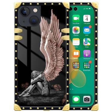 Imagem de DAIZAG Capa compatível com iPhone 15 Plus, capa com asas de anjo menina 15 Plus, decoração de metal quadrado TPU macio à prova de choque para meninas e mulheres capa protetora para iPhone 15 Plus de 6,7 polegadas