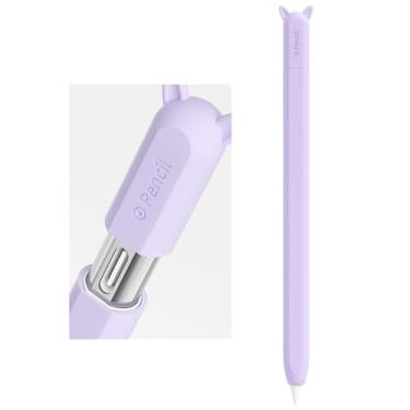 Imagem de ELETIUO Capa de silicone compatível com Apple Pencil (USB-C), capa protetora com suporte, acessórios de tampa, capa antiderrapante compatível com Apple Pencil 3ª geração, orelha roxa