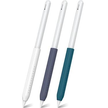 Imagem de NIUTRENDZ Pacote com 3 alças de silicone para Apple Pencil 2ª geração e Apple Pencil (USB-C) capa protetora com design ergonômico (branco + azul meia-noite + verde pinho)