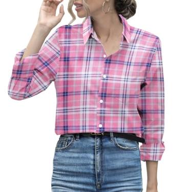 Imagem de SANGTREE Camisetas femininas de manga curta com botões para o verão, 12 meses - GG, Xadrez rosa A, P
