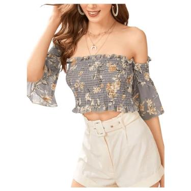 Imagem de MakeMeChic Blusa feminina floral com ombro de fora franzida, camisa de verão, manga franzida, casual, cropped, Cinza, GG