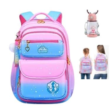 Imagem de Mochila escolar crianças para meninas crianças lindas mochilas coloridas escolares impermeáveis arco-íris bolsas escolares (Azul com rosa)