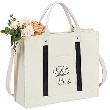 Imagem de AW BRIDAL Bolsa de lona para dama de honra e noiva | Sacolas grandes para casamento, noivado, chá de panela, lua de mel, presentes de despedida de solteira, Branco, Large