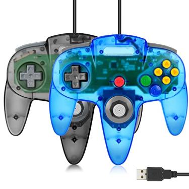 Imagem de Pacote com 2 controles FISUPER USB N64, controle de videogame com fio para Windows, PC, Mac, Raspberry PI, retropie (preto transparente + azul claro)