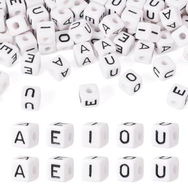 Imagem de Craftdady 100 peças 10 mm contas de letras de vogais acrílicas cubo contas de pônei branco grande buraco contas europeias A E I O U contas do alfabeto para artesanato pulseiras amizade fabricação de