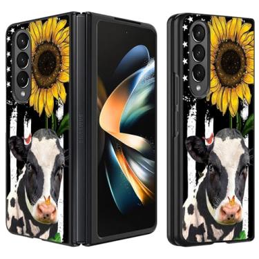 Imagem de BWOOLL Capa para celular Samsung Galaxy Z Fold 3, Slim Fit Hard PC à prova de choque, dobrável, elegante, capa protetora para Samsung Galaxy Z Fold 3 5G 2021 - Bandeira americana e vaca girassol