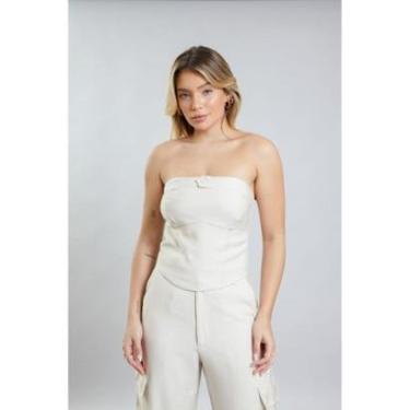 Imagem de Blusa Cropped Tomara que Caia Feminina com Recortes na Cor Off-White Dialogo Jeans-Feminino