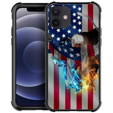 Imagem de DJSOK Capa compatível com iPhone 11, design padrão de bandeira dos EUA de hóquei no gelo e fogo, capa para iPhone 11, para canto antiqueda e presente à prova de choque para homens e mulheres