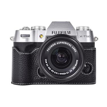 Imagem de Rieibi Capa X-T50 / XT50, meia capa de couro genuíno feita à mão, versão com abertura inferior para câmera digital Fujifilm X-T50/XT50, capa protetora para X-T50 XT50 (preto)