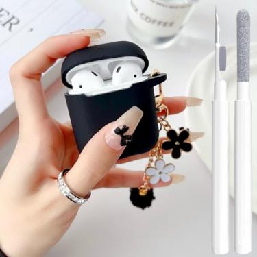 Imagem de Linda capa preta para AirPods 2ª/1ª geração, capa para meninas e mulheres, com chaveiro de flor pompom e kit de limpeza, silicone macio, Airpods iPod 2ª/1ª geração, capa protetora para AirPods 2/1