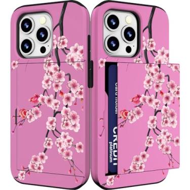 Imagem de IWONE Capa para celular compatível com iPhone 15 Promax fofa com porta-cartão com slot fino para mulheres/rosa florescendo Sakura flor de cerejeira delicadas ramos de flores