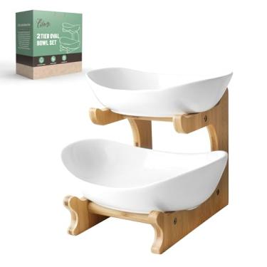 Imagem de SEVEN SPARTA Cesta de frutas de 2 camadas Tigela de cerâmica com suporte de bambu para balcão de cozinha - fácil de instalar, lavável na lava-louças, armazenamento de frutas em camadas para bancada,