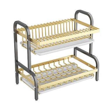 Imagem de Escorredor de pratos de cozinha, escorredor de pratos à prova de ferrugem de grande capacidade de 2/3 níveis para bancada de cozinha, escorredor de louça, preto dourado (sem manchas de água nas
