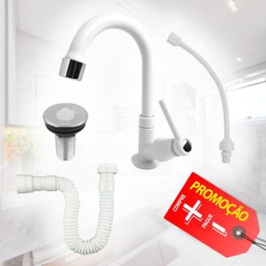 Imagem de KIT Torneira Pia de Banheiro Lavabo Branca ABS + Valvula 7/8 + Engate 