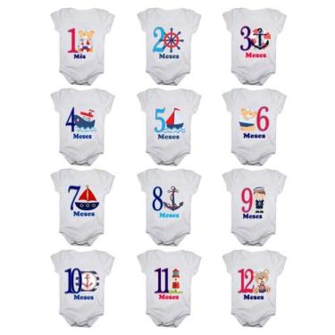 Imagem de Kit body bebê mesversario manga curta estampa marinheiro 12 bodies 1 a