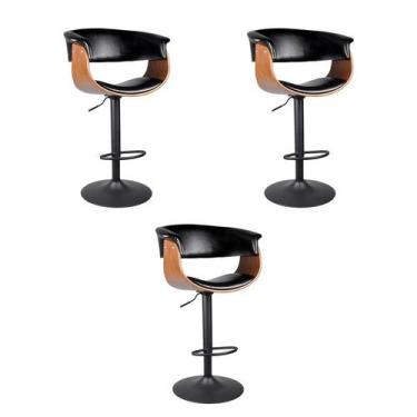 Imagem de Kit 3 Bancos Betim Preto PU Base Disco Preto - Rivatti