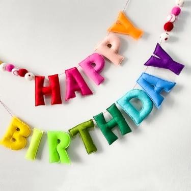 Imagem de KUQJJQU - Faixa de feliz aniversário pré-amarrada - guirlanda de bola de feltro - decorações de aniversário arco-íris, sinal de feliz aniversário personalizado para decoração de festa, adereço de foto