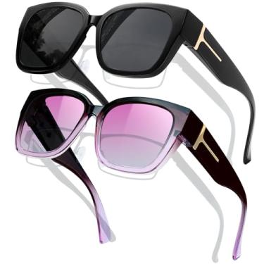 Imagem de KANASTAL Óculos de Sol Polarizado Feminino Masculino 2 Peças Pares Roxos Preto Proteção UV 400 Black Sunglasses over Glasses -Preto + Roxo Gradiente