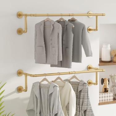 Imagem de WTPLWD Pacote com 2 suportes industriais para roupas, suporte de parede de 91 cm, suporte de parede dourado para pendurar roupas, varão de pendurar para armário com economia de espaço para lavanderia,