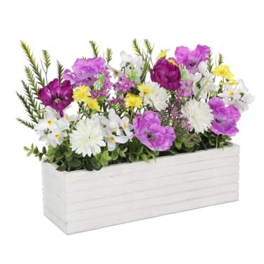 Imagem de Briful Arranjo de flores artificiais em vaso retangular de madeira, peça central floral mista de seda de 35 cm com flores roxas brancas amarelas para mesa de fazenda, casamento e decoração de casa