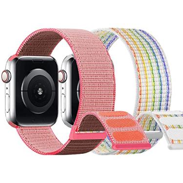 Imagem de Pulseira esportiva de nylon para crianças Apple Watch Bands, projetada para meninos e mulheres, pulseiras de relógio pequenas, compatível com iWatch séries 7/6/5/4/3/2/1/SE 38/40 41/42/44/45 mm (38/40/41 mm, rosa choque e arco-íris)