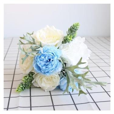 Imagem de LICONG-2020 Decoração de primavera - Buquê de simulação de rosa, buquê de dama de honra, casamento, flor de seda artificial, peônia, chifre, samambaia, suculenta, folhagem, azul, flores de casamento,