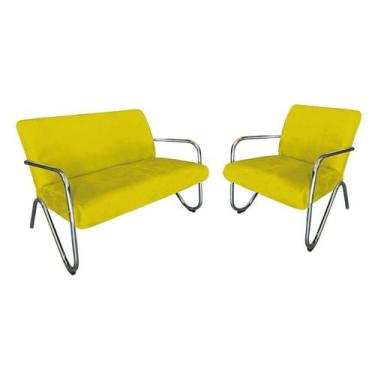 Imagem de Kit Namoradeira + Poltrona Decorativa Bela Suede Amarelo Braço Cromado