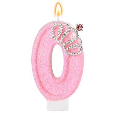 Imagem de Vela de aniversário rosa coroa número 0 velas para bolo, enfeite de bolo de aniversário rosa, decorações de cupcake, decoração de festa para meninas e mulheres, comemorações de aniversário,