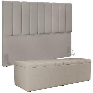 Imagem de Kit Cabeceira Cama Box Casal King 195cm Com Calçadeira Baú Dália W01 Linho Bege - Lyam