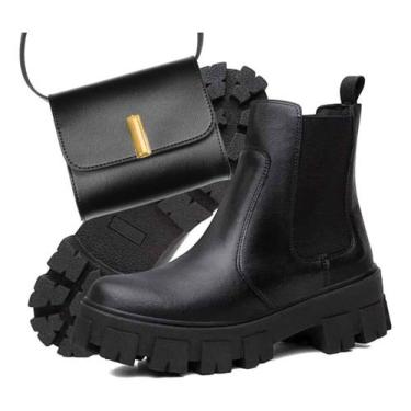 Imagem de Kit Botinha Casual Feminina Preta Forrada Calce Fácil + Bolsa - Fivest