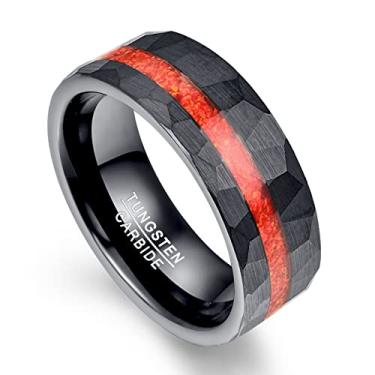 Imagem de NUNCAD Anéis de tungstênio de 8 mm para homens, alianças de casamento marteladas pretas com opala vermelha, borda polida, ajuste confortável, masculino e feminino, tamanho 7-12, Carboneto de