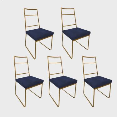 Imagem de Kit 05 Cadeiras Sala de Jantar Escritório Office Stark Industrial Ferro Dourado Suede Azul Marinho - Ahz Móveis