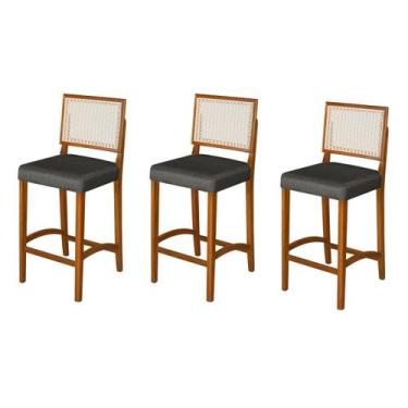 Imagem de Kit 3 Banquetas Altas Pés Em Madeira Maciça Com Encosto em Rattan e As