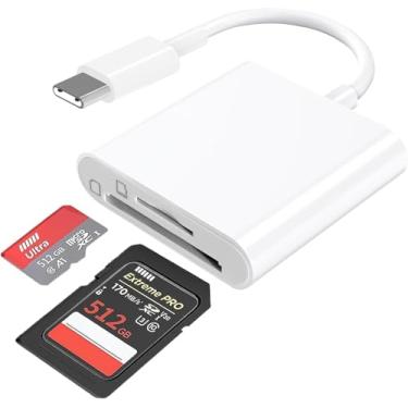 Imagem de Leitor de cartão SD USB C para câmera iPhone 16 iPad, leitor de cartão de memória com compartimento duplo para cartão de memória, suporta cartão SD e TF Trail Camera Viewer, adaptador de cartão SD