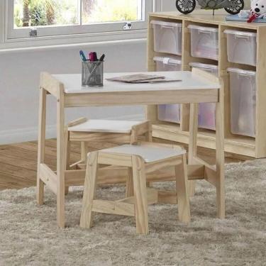 Imagem de Conjunto Infantil Mesa com 2 Banquetas Castelo Casatema Branco / Natural
