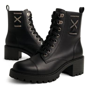 Imagem de Bota Coturno Feminino Cano Curto Tratorada Strass e Ziper - Sposatto, 