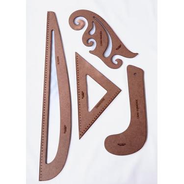 Imagem de Kit de Réguas de Modelagem para Corte e Costura, 4 Peças em MDF, Esquadro, Régua de Alfaiate, Régua de Gancho e Curva Francesa