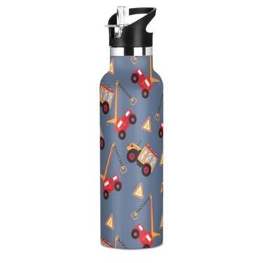 Imagem de Garrafa térmica infantil de caminhão com tampa de palha, garrafa térmica de aço inoxidável à prova de vazamento, caminhões, garrafa de água cinza para esportes e viagens, escola, 590 ml