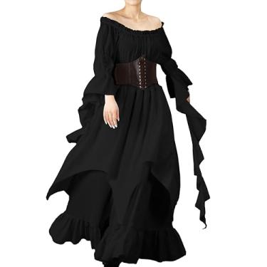 Imagem de nezababycos Vestido feminino vitoriano renascentista, fantasia gótica medieval, vestido de camisa de pirata de bruxa, vestido de manga comprida para casamento (preto, 2X-Grande/3GG)